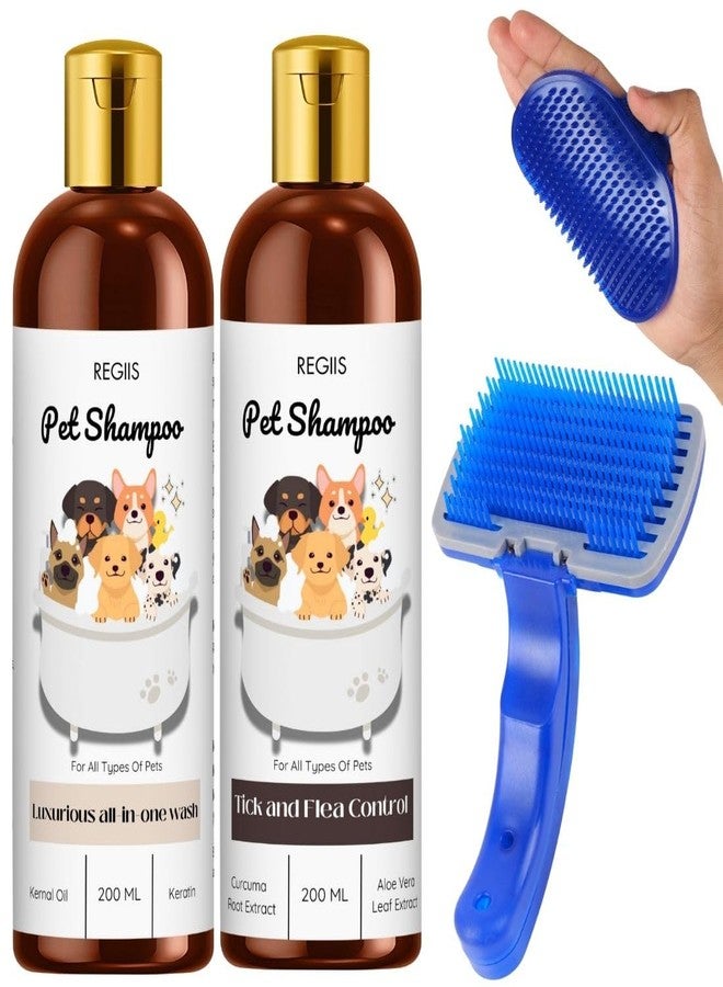 مجموعة ريجيس لشامبو الحيوانات الأليفة والعناية بها، غسول متكامل مع مكافحة القراد والبراغيث، زجاجات سعة 200 مل مع فرشاة تدليك، تركيبة زيت النواة والكيراتين (عبوة من 4 قطع) - Image 1